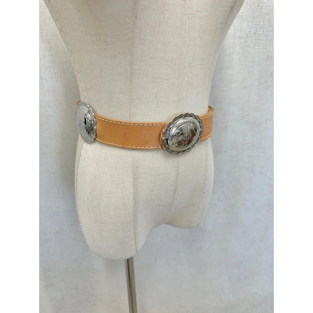 Carole Little Tan Leather Silver Concho Belt Womens Size M Western Boho 90s